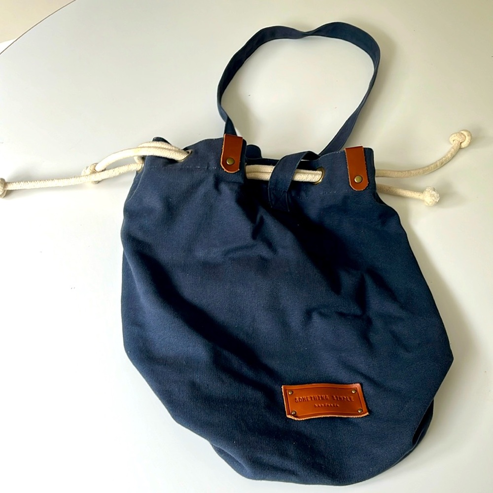 Canvas Tote Bag with Drawstring Navy Blue